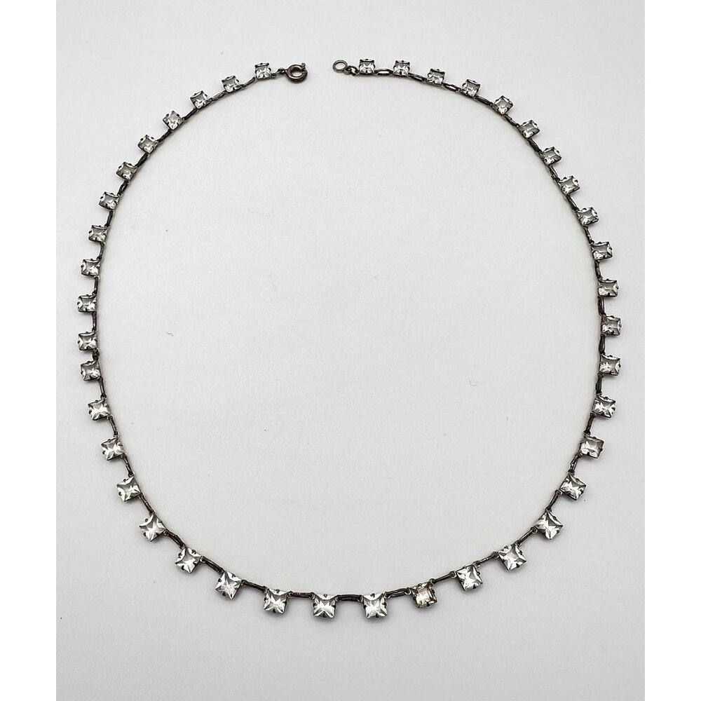 Antique Art Deco Dainty Sterling Silver Open Back Crystal Necklace - Picture 6 of 13